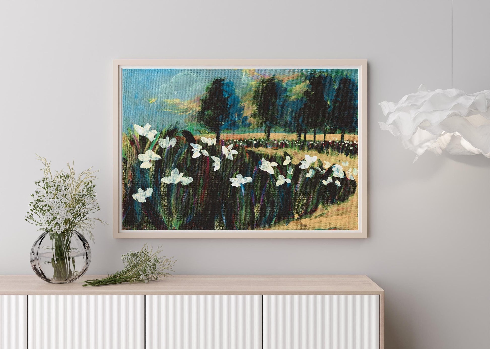 Daffodil field painting | Field of flowers landscape print | Hiking and travel art