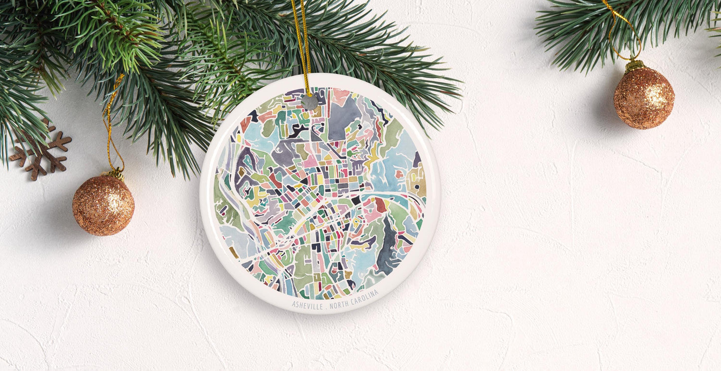 Asheville NC Christmas ornament | North Carolina holiday decor | Round ceramic ornament