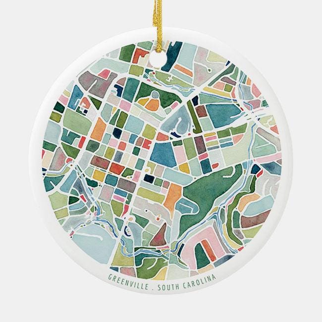 Greenville SC Christmas Tree Ornament | South Carolina holiday decoration | Round ceramic ornament