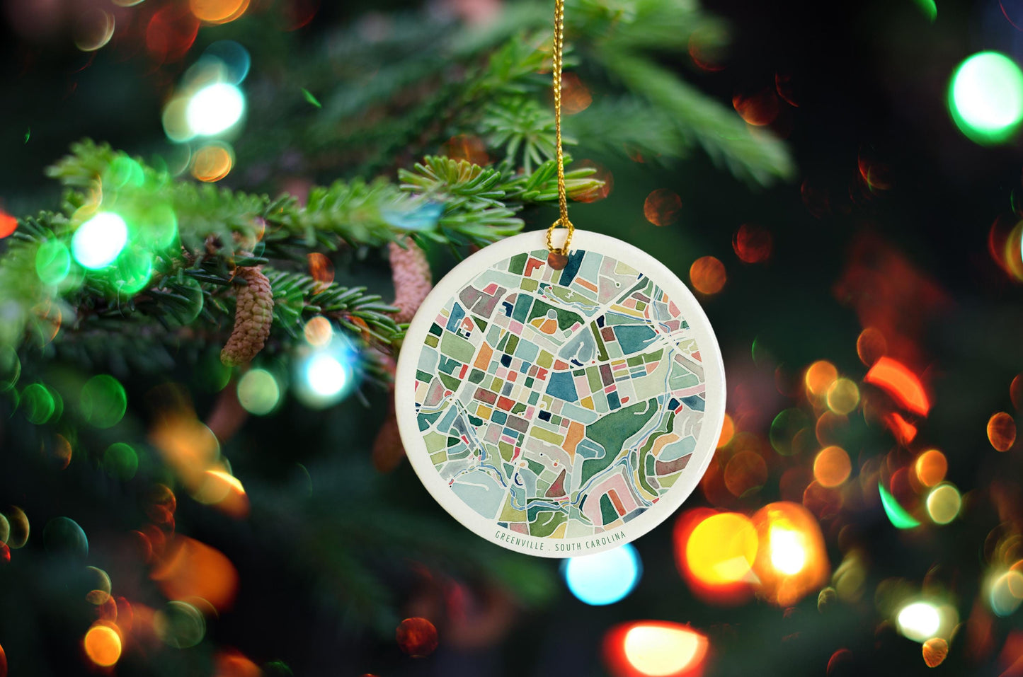 Greenville SC Christmas Tree Ornament | South Carolina holiday decoration | Round ceramic ornament