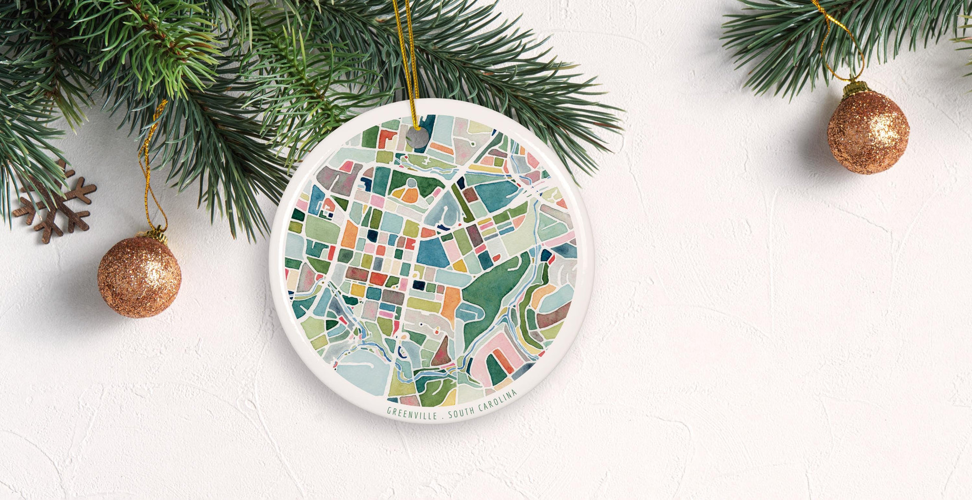 Greenville SC Christmas Tree Ornament | South Carolina holiday decoration | Round ceramic ornament