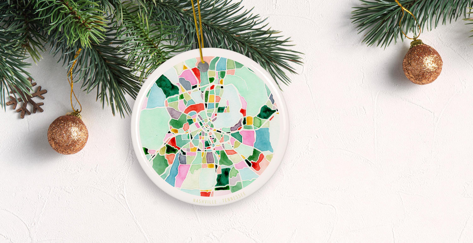 Nashville TN Christmas Tree Ornament | Tennessee Holiday Decoration | Round ceramic ornament