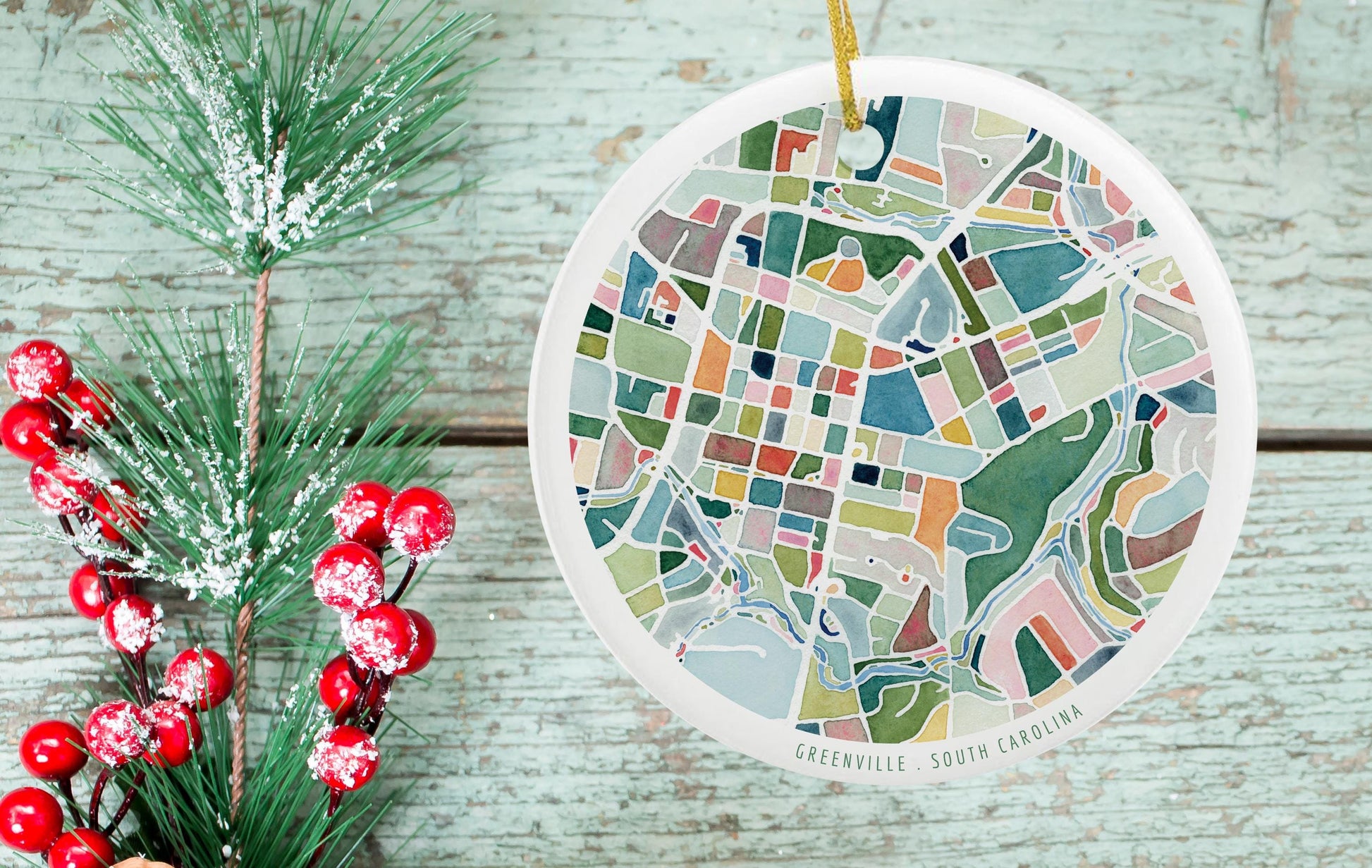 Greenville SC Christmas Tree Ornament | South Carolina holiday decoration | Round ceramic ornament